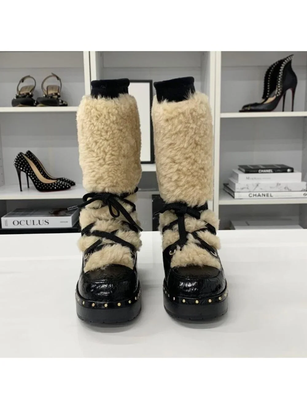 Chanel CC Logo Crinkle Shearling Leather Middle Boots Black